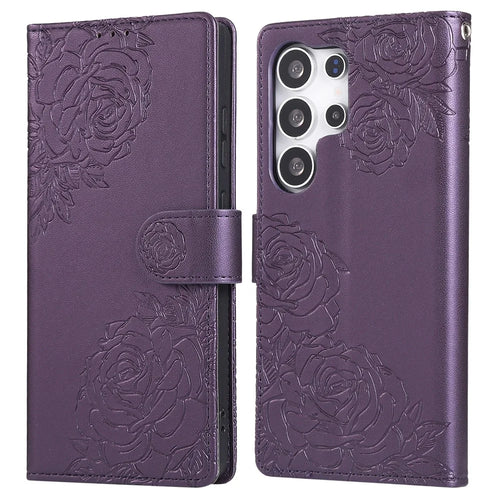 For Samsung Galaxy S25 Ultra Case Rose Flower Wallet PU Leather Phone Cover with 3 Card Slots - Dark Purple - 1