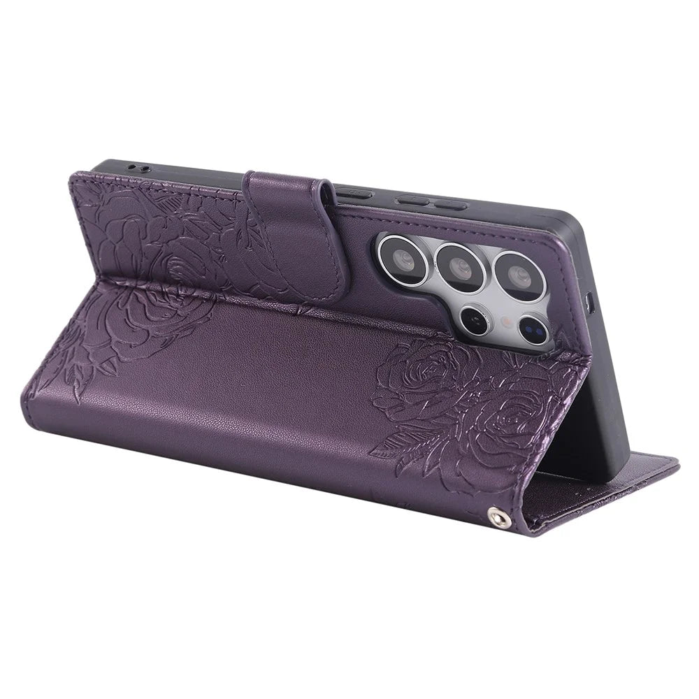For Samsung Galaxy S25 Ultra Case Rose Flower Wallet PU Leather Phone Cover with 3 Card Slots - Dark Purple - 3