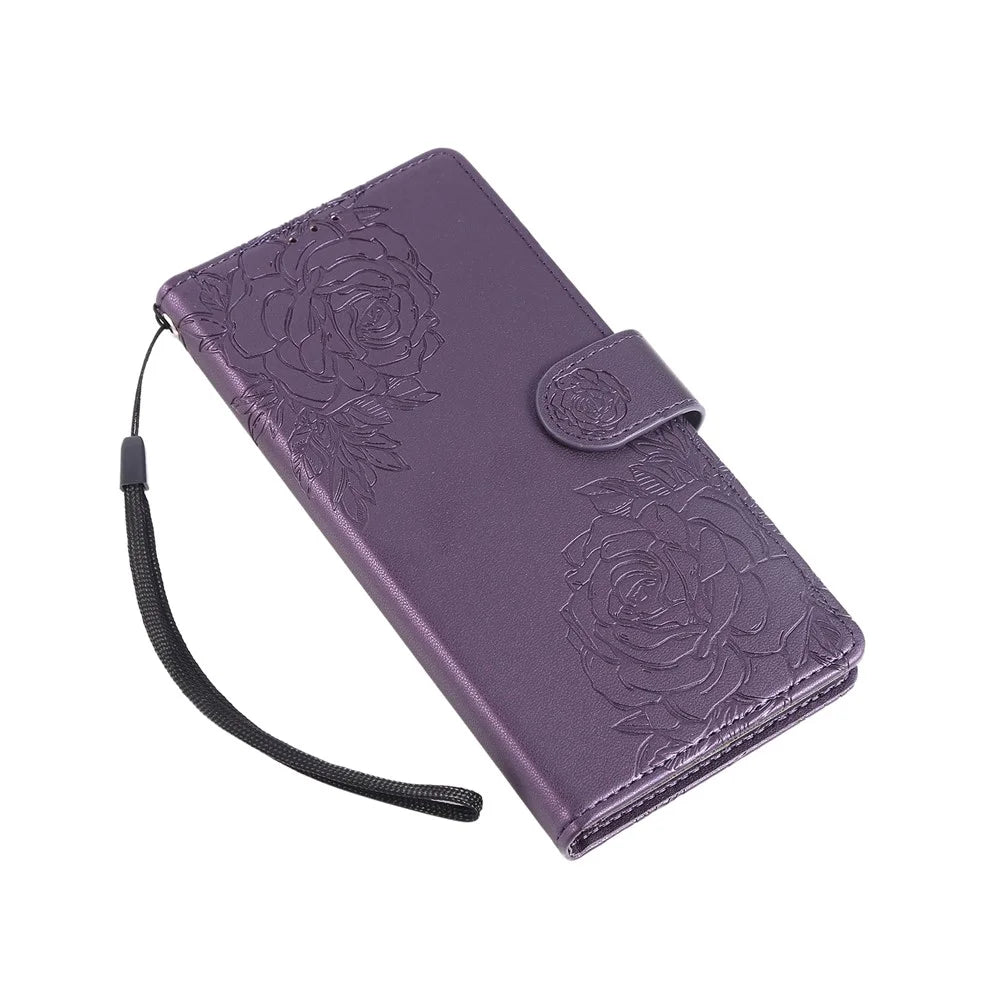 For Samsung Galaxy S25 Ultra Case Rose Flower Wallet PU Leather Phone Cover with 3 Card Slots - Dark Purple - 5