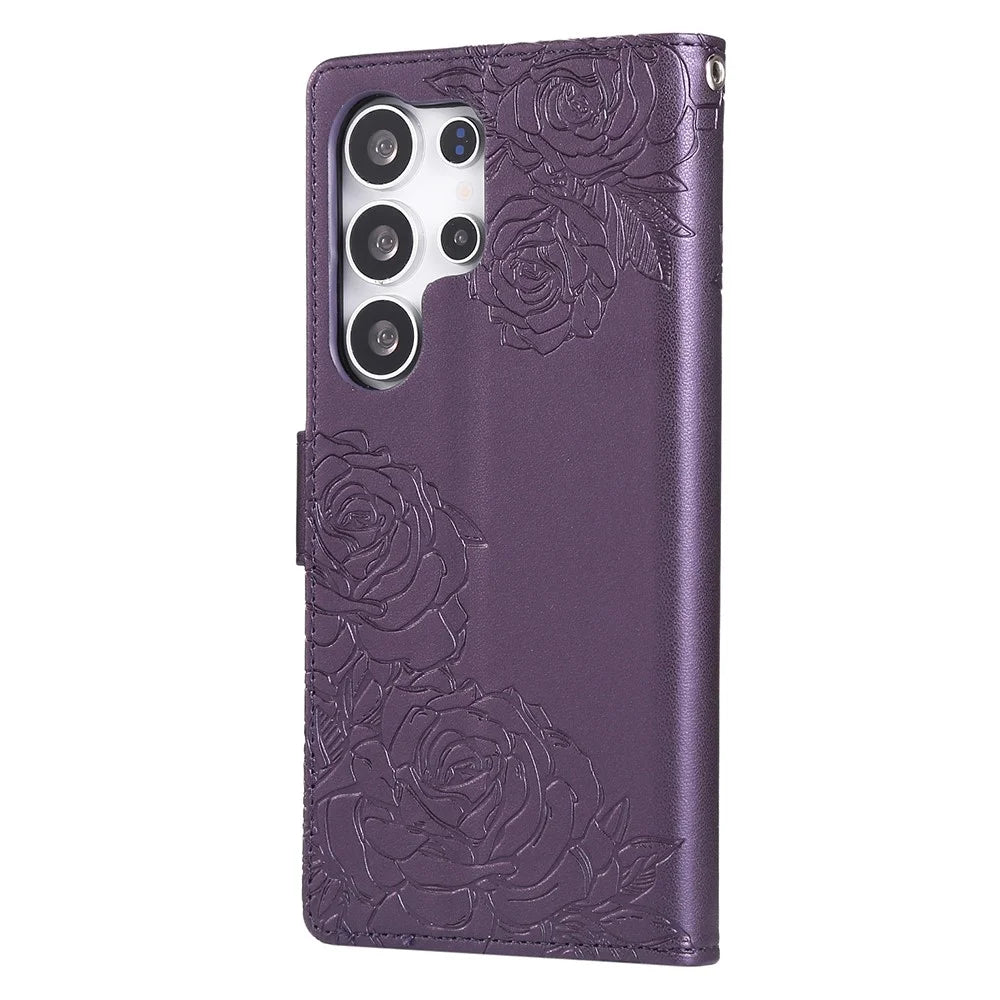 For Samsung Galaxy S25 Ultra Case Rose Flower Wallet PU Leather Phone Cover with 3 Card Slots - Dark Purple - 6