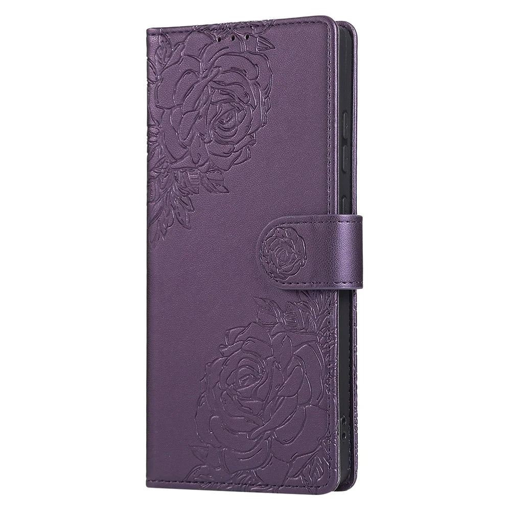 For Samsung Galaxy S25 Ultra Case Rose Flower Wallet PU Leather Phone Cover with 3 Card Slots - Dark Purple - 7