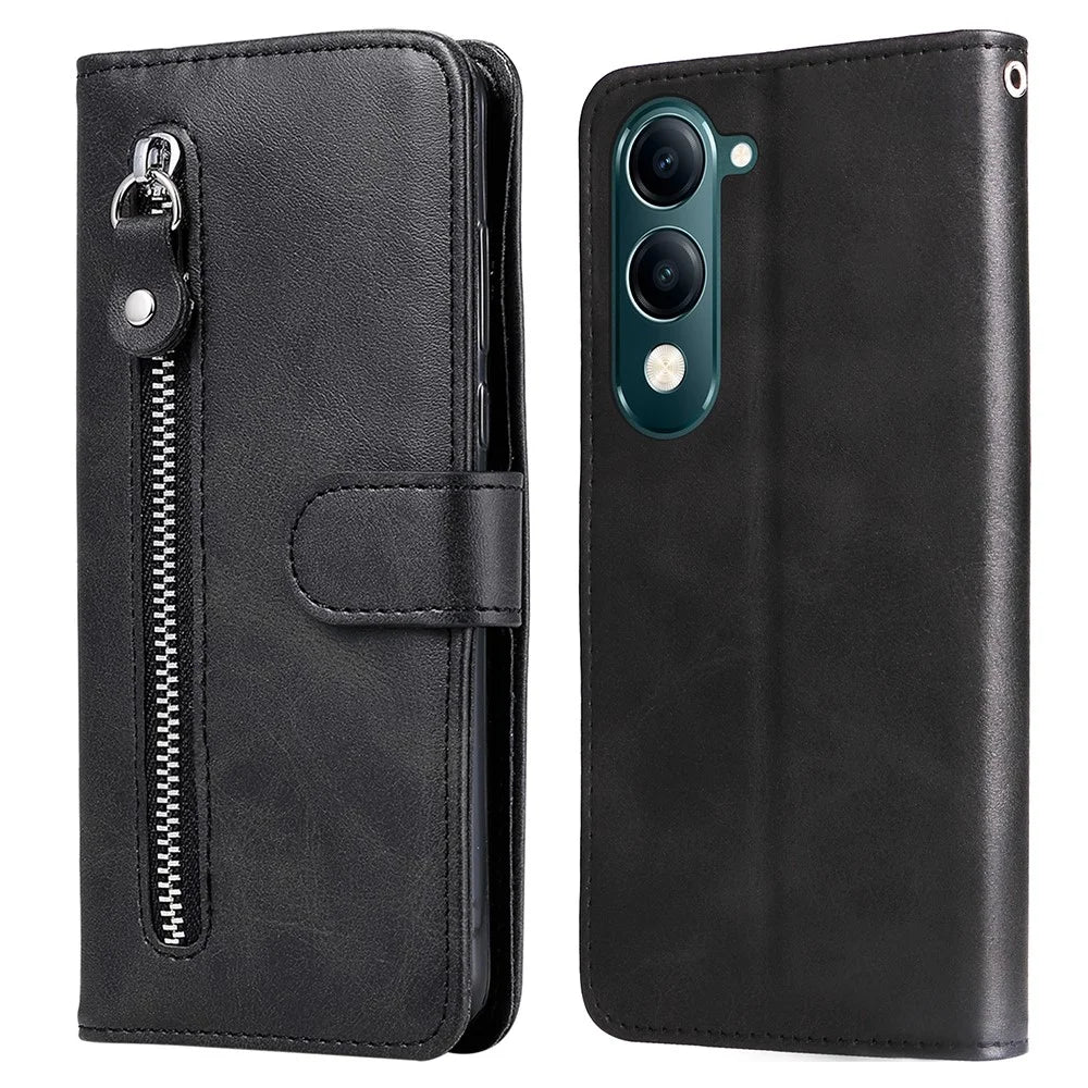 For vivo Y29s 5G / Y04 4G Case Zipper Wallet Calf Texture PU Leather Phone Cover - Black - 1