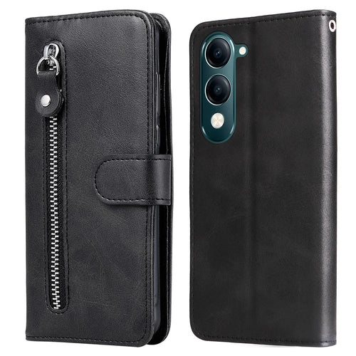 For vivo Y29s 5G / Y04 4G Case Zipper Wallet Calf Texture PU Leather Phone Cover - Black - 1