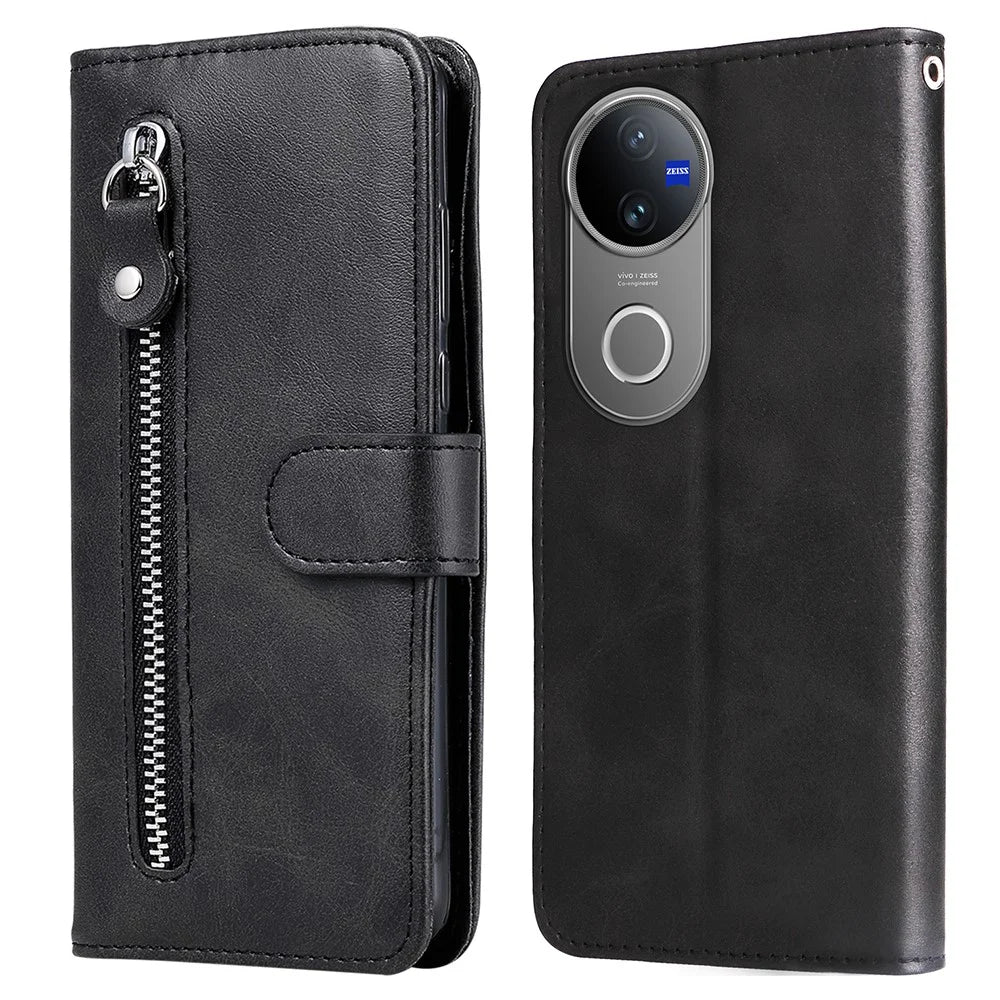 For vivo V50 5G Case Zipper Wallet Calf Texture PU Leather Phone Cover - Black - 1