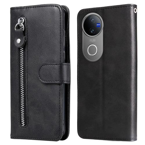 For vivo V50 5G Case Zipper Wallet Calf Texture PU Leather Phone Cover - Black - 1
