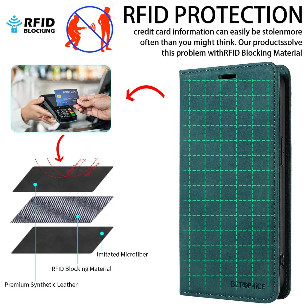 BETOPNICE 003 For vivo Y29s 5G  /  Y04 4G Case Magnetic Closure RFID Blocking Wallet Stand Leather Phone Cover - Green - 4