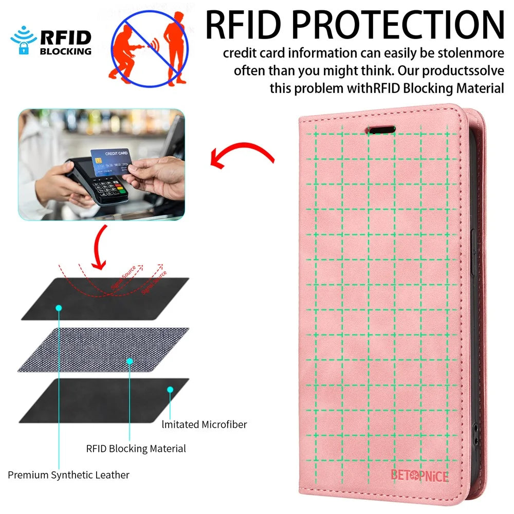 BETOPNICE 003 For vivo V50 5G Case Magnetic Closure RFID Blocking Wallet Stand Leather Phone Cover - Pink - 4