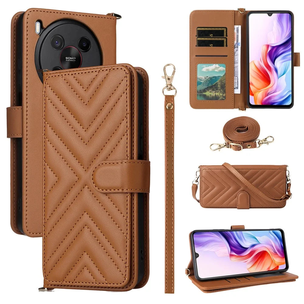 For ZTE Blade V70 Max / nubia V70 Max Wallet Case with Shoulder / Wrist Strap Leather Phone Cover Stand - Brown - 1