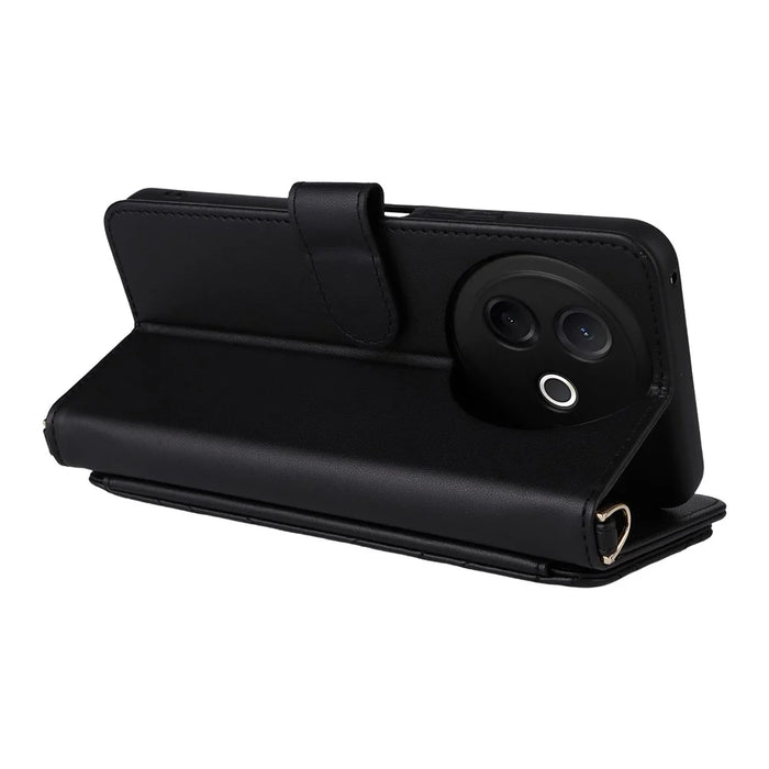 For vivo Y39 5G  /  Y300i 5G Wallet Case with Shoulder / Wrist Strap Leather Phone Cover Stand - Black - 6