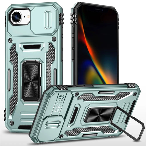 For iPhone 17e / 16e Case Kickstand Slide Lens Lid PC + TPU Drop-Proof Phone Cover - Green - 1