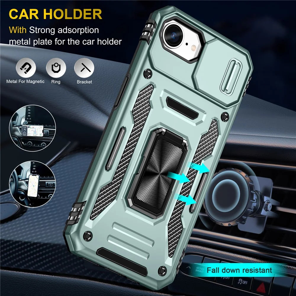 For iPhone 17e / 16e Case Kickstand Slide Lens Lid PC + TPU Drop-Proof Phone Cover - Green - 6