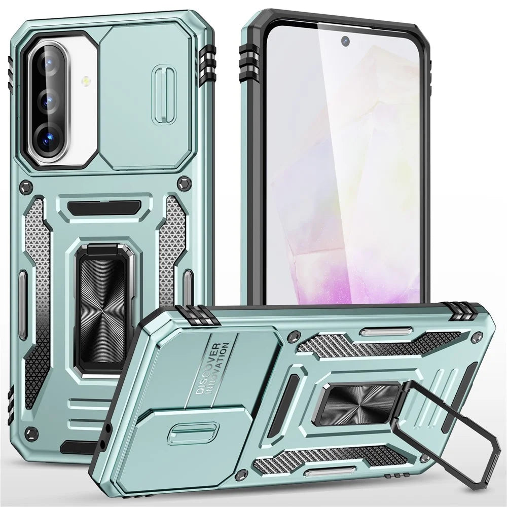 For Samsung Galaxy A36 5G / A56 5G Case Kickstand Slide Lens Lid PC + TPU Drop-Proof Phone Cover - Green - 1