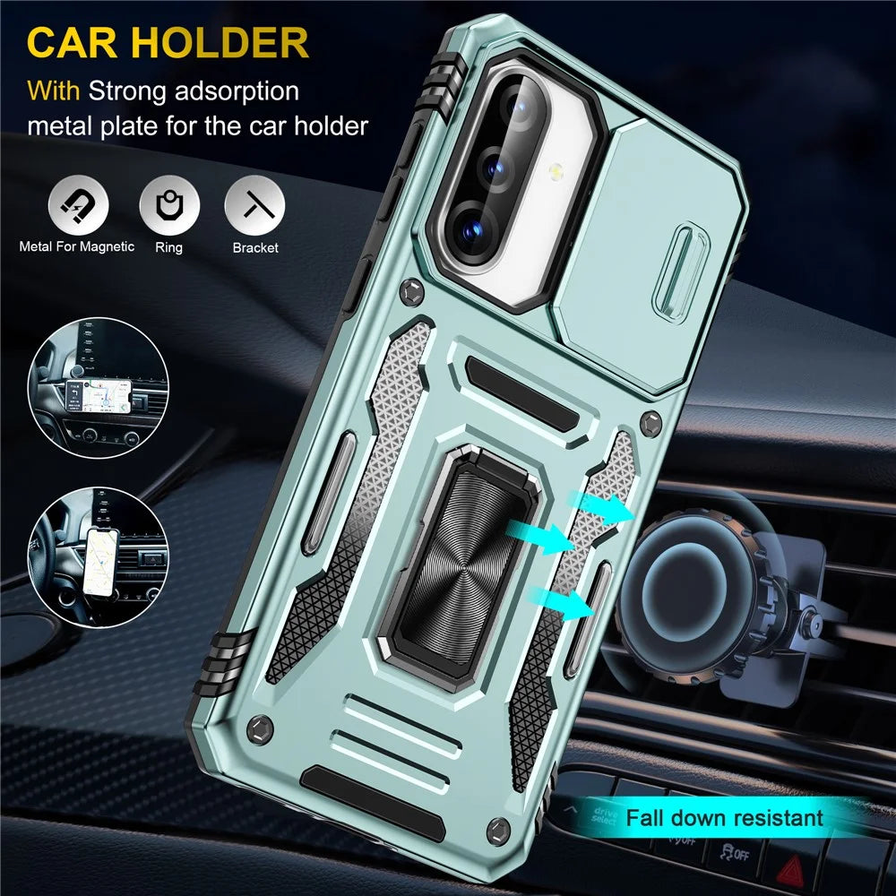 For Samsung Galaxy A36 5G / A56 5G Case Kickstand Slide Lens Lid PC + TPU Drop-Proof Phone Cover - Green - 6
