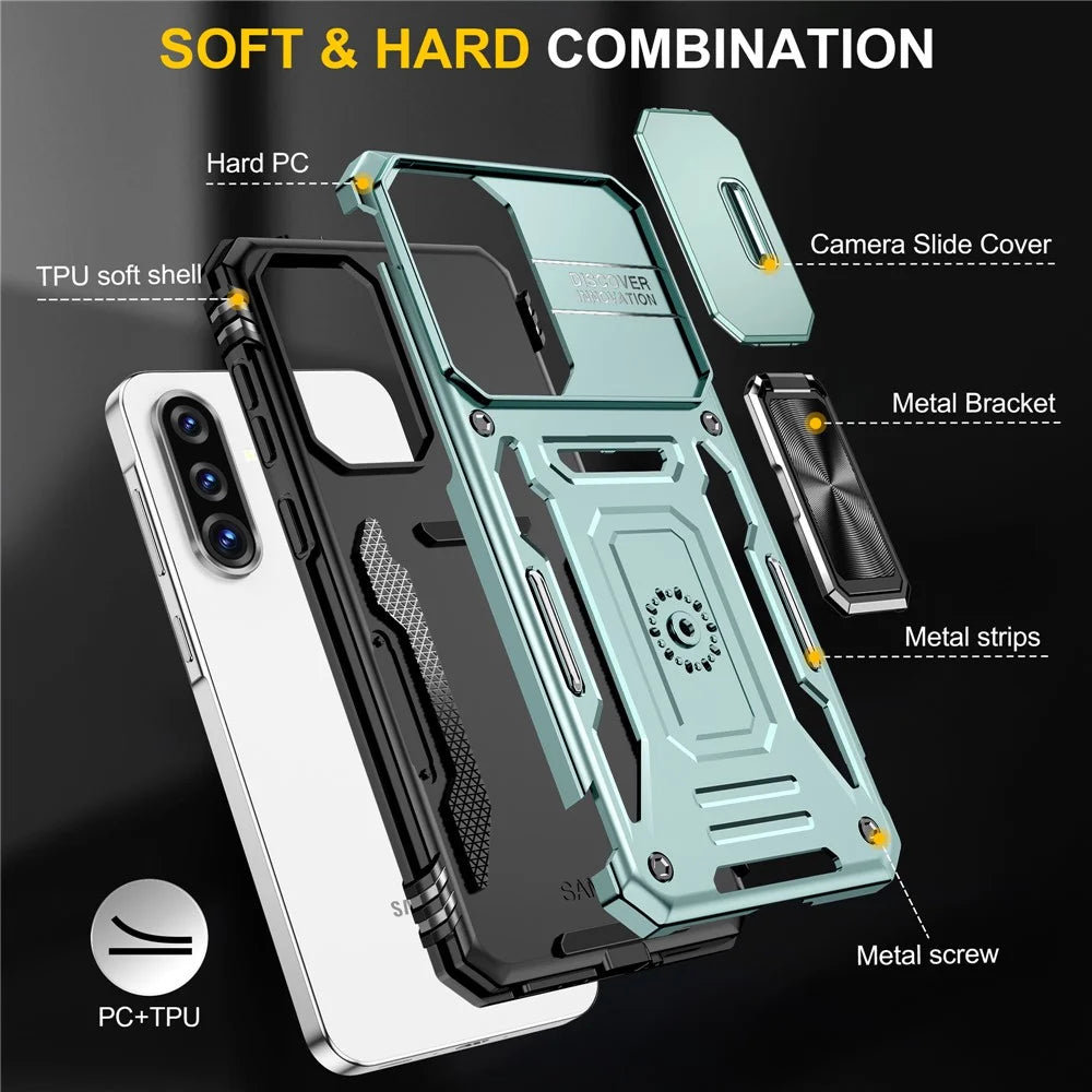 For Samsung Galaxy A36 5G / A56 5G Case Kickstand Slide Lens Lid PC + TPU Drop-Proof Phone Cover - Green - 7