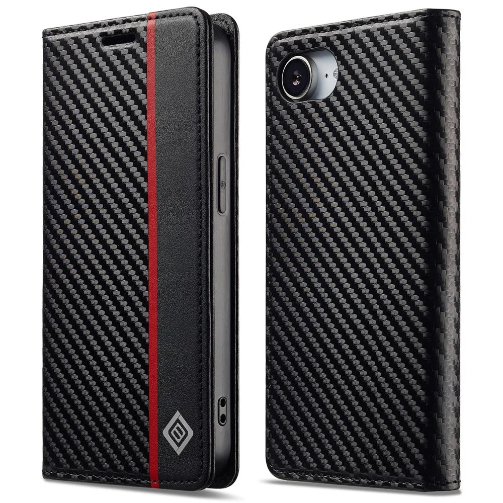 LC.IMEEKE For iPhone 17e / 16e Case Carbon Fiber Texture Phone Cover Stand Card Holder - Vertical Stripe - 1