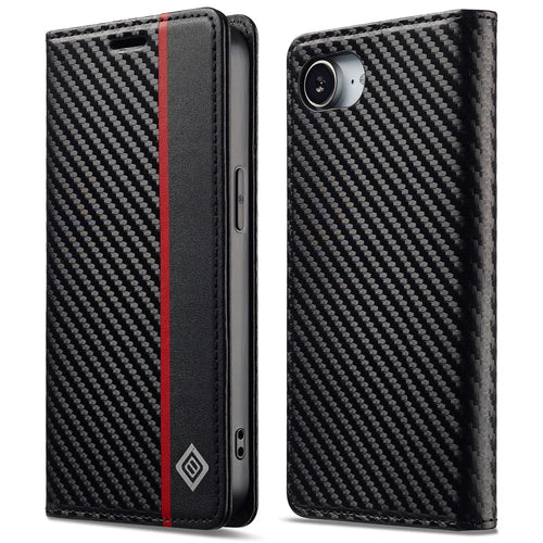 LC.IMEEKE For iPhone 17e / 16e Case Carbon Fiber Texture Phone Cover Stand Card Holder - Vertical Stripe - 1