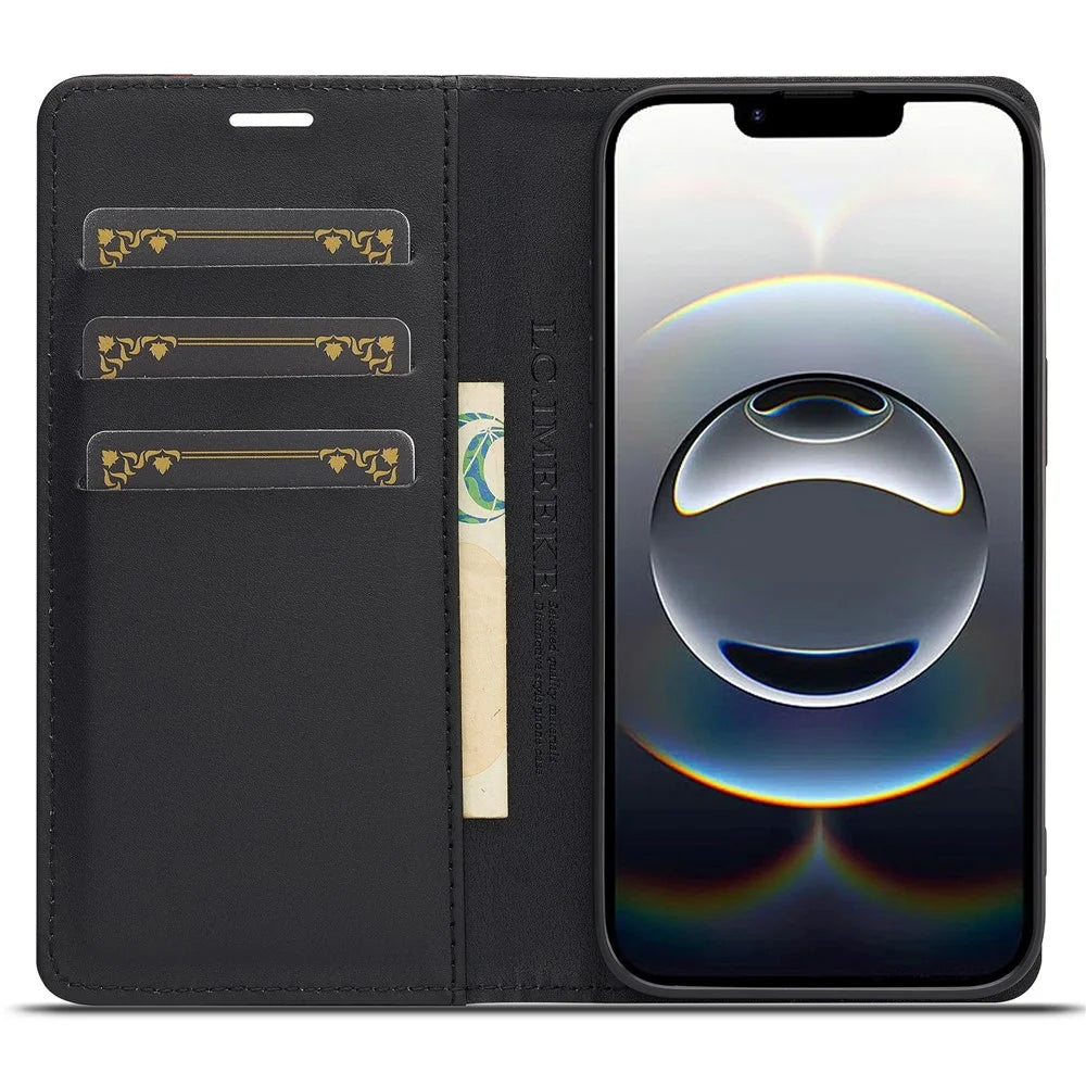 LC.IMEEKE For iPhone 17e / 16e Case Carbon Fiber Texture Phone Cover Stand Card Holder - Vertical Stripe - 2