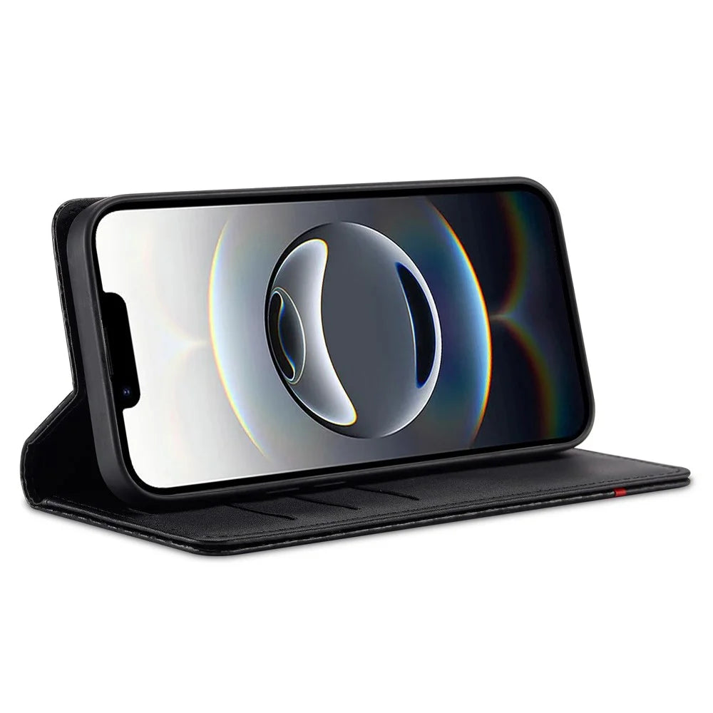 LC.IMEEKE For iPhone 17e / 16e Case Carbon Fiber Texture Phone Cover Stand Card Holder - Vertical Stripe - 3