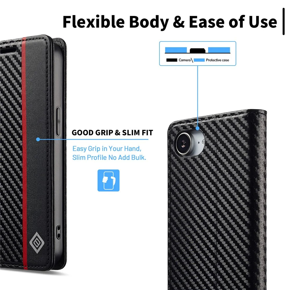 LC.IMEEKE For iPhone 17e / 16e Case Carbon Fiber Texture Phone Cover Stand Card Holder - Vertical Stripe - 4