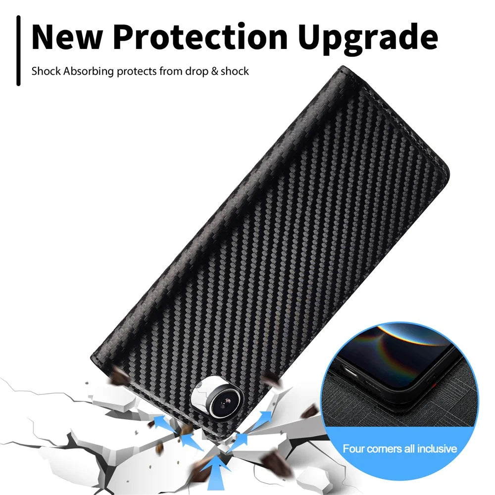 LC.IMEEKE For iPhone 17e / 16e Case Carbon Fiber Texture Phone Cover Stand Card Holder - Vertical Stripe - 5