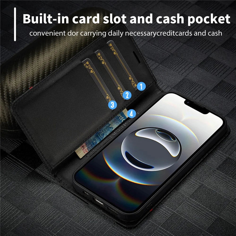 LC.IMEEKE For iPhone 17e / 16e Case Carbon Fiber Texture Phone Cover Stand Card Holder - Vertical Stripe - 7