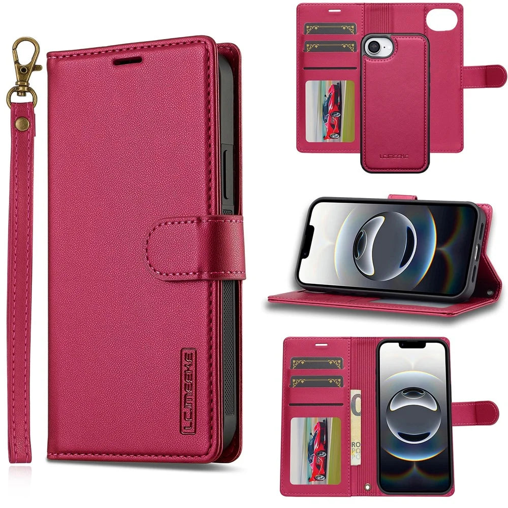 LC.IMEEKE L2 Series for iPhone 17e / 16e Case PU Leather Wallet Detachable Magnetic Phone Cover - Red - 1