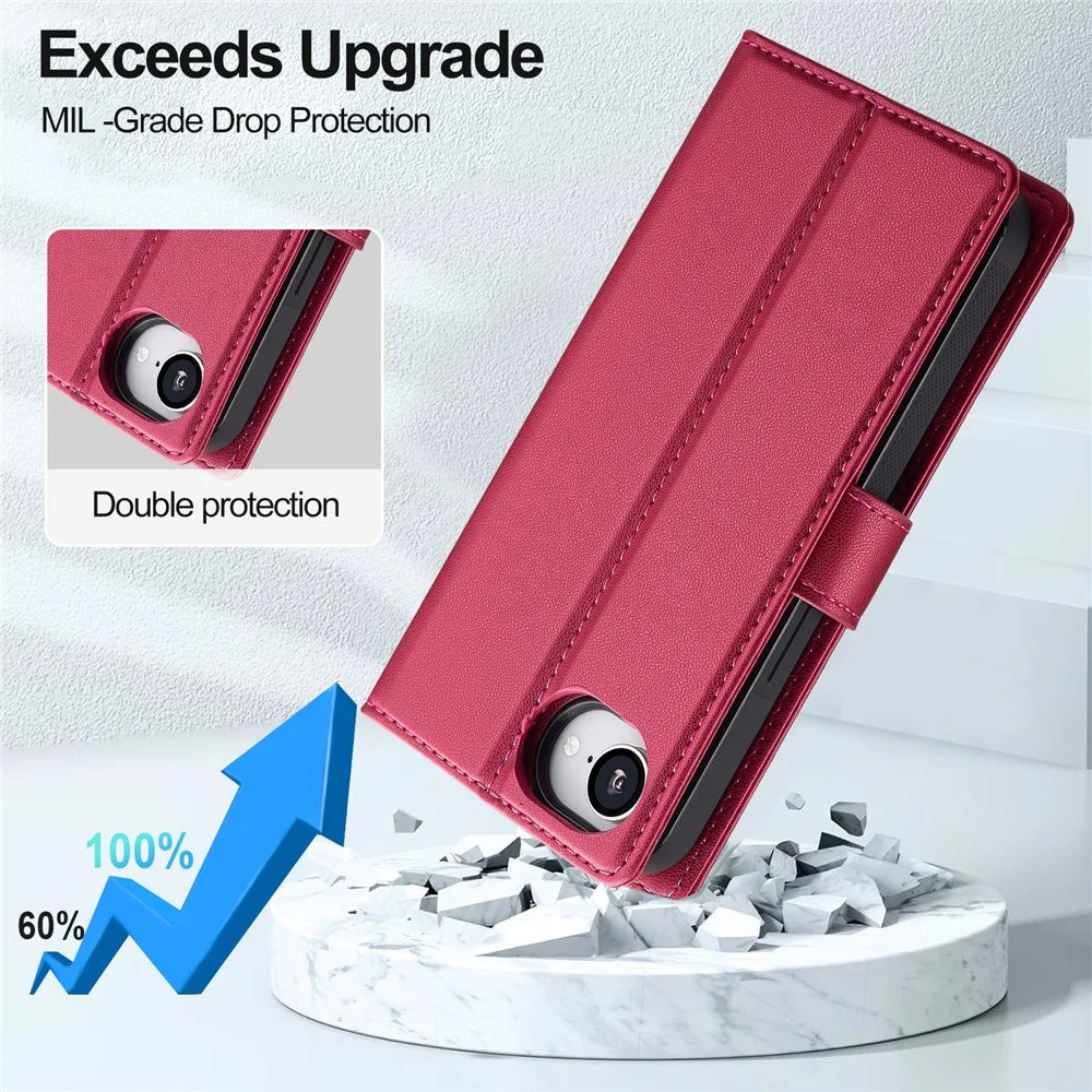 LC.IMEEKE L2 Series for iPhone 17e / 16e Case PU Leather Wallet Detachable Magnetic Phone Cover - Red - 4