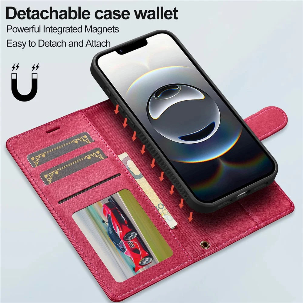 LC.IMEEKE L2 Series for iPhone 17e / 16e Case PU Leather Wallet Detachable Magnetic Phone Cover - Red - 5