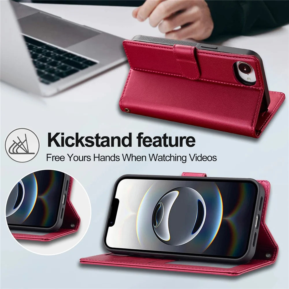 LC.IMEEKE L2 Series for iPhone 17e / 16e Case PU Leather Wallet Detachable Magnetic Phone Cover - Red - 6