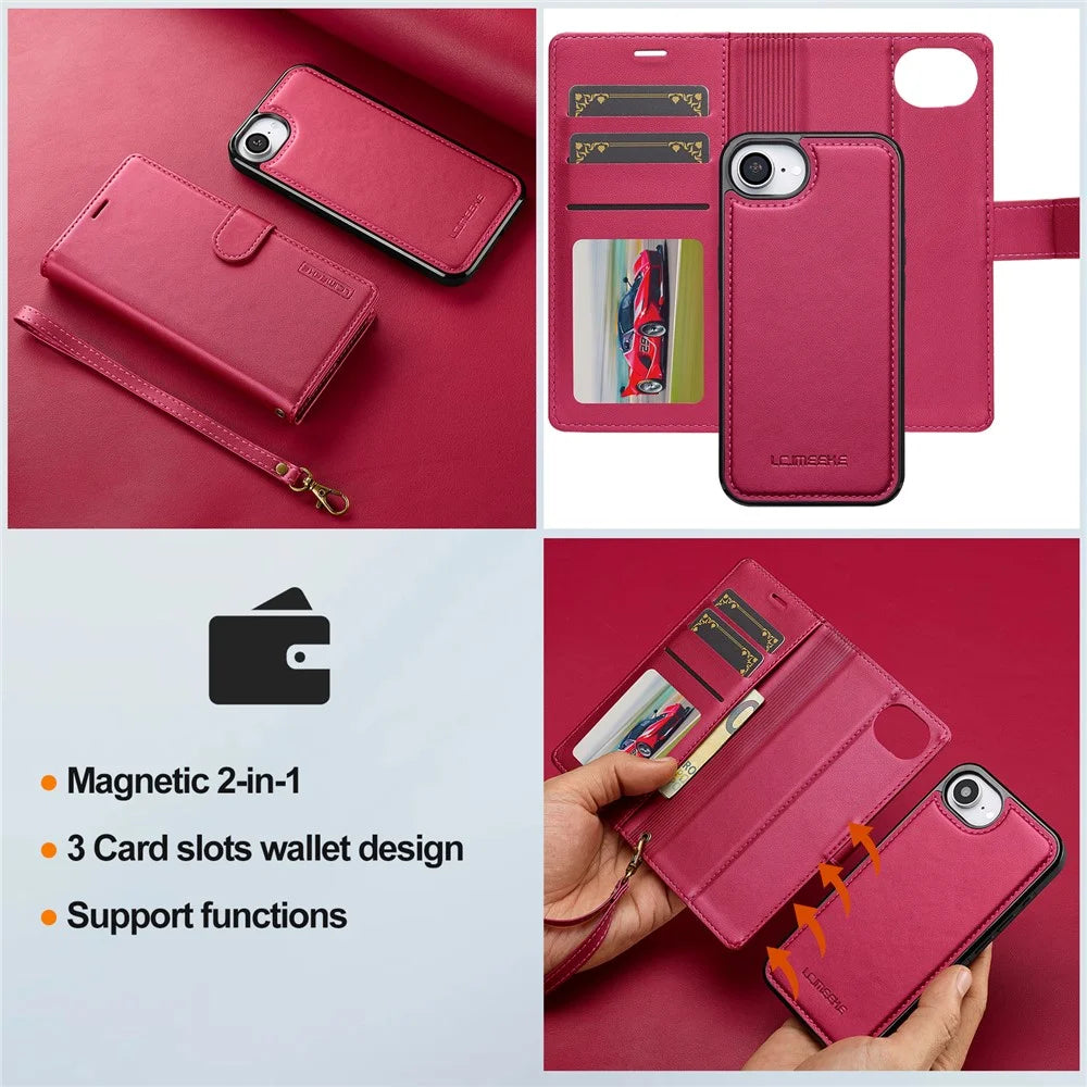 LC.IMEEKE L2 Series for iPhone 17e / 16e Case PU Leather Wallet Detachable Magnetic Phone Cover - Red - 7