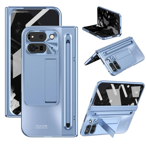 For Google Pixel 10 Pro Fold Case Kickstand Hinge PC Phone Cover with Tempered Glass Film, Stylus - Blue - 1