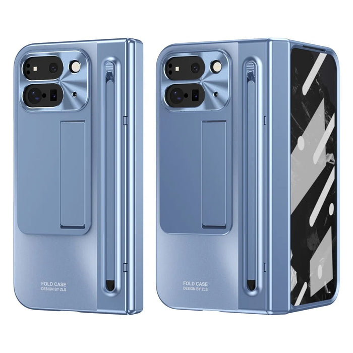 For Google Pixel 10 Pro Fold Case Kickstand Hinge PC Phone Cover with Tempered Glass Film, Stylus - Blue - 2