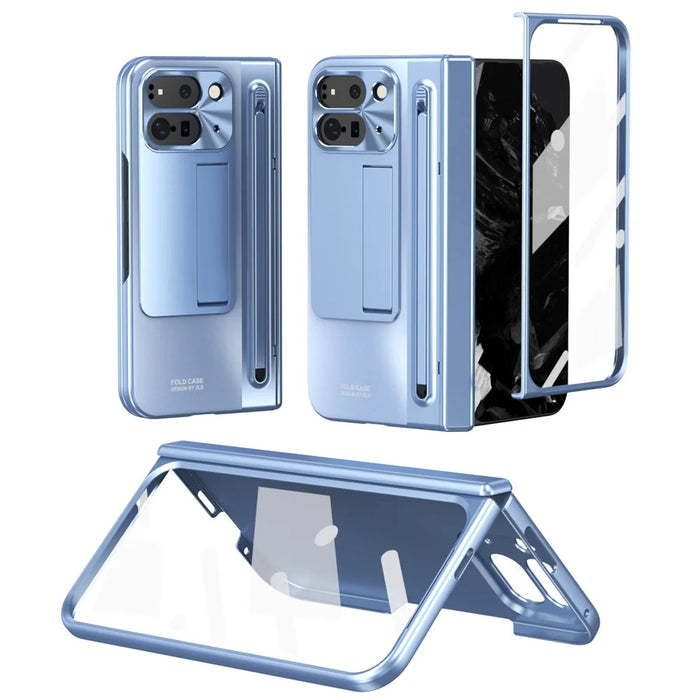 For Google Pixel 10 Pro Fold Case Kickstand Hinge PC Phone Cover with Tempered Glass Film, Stylus - Blue - 3