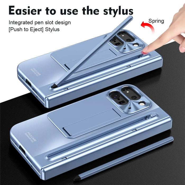 For Google Pixel 10 Pro Fold Case Kickstand Hinge PC Phone Cover with Tempered Glass Film, Stylus - Blue - 5