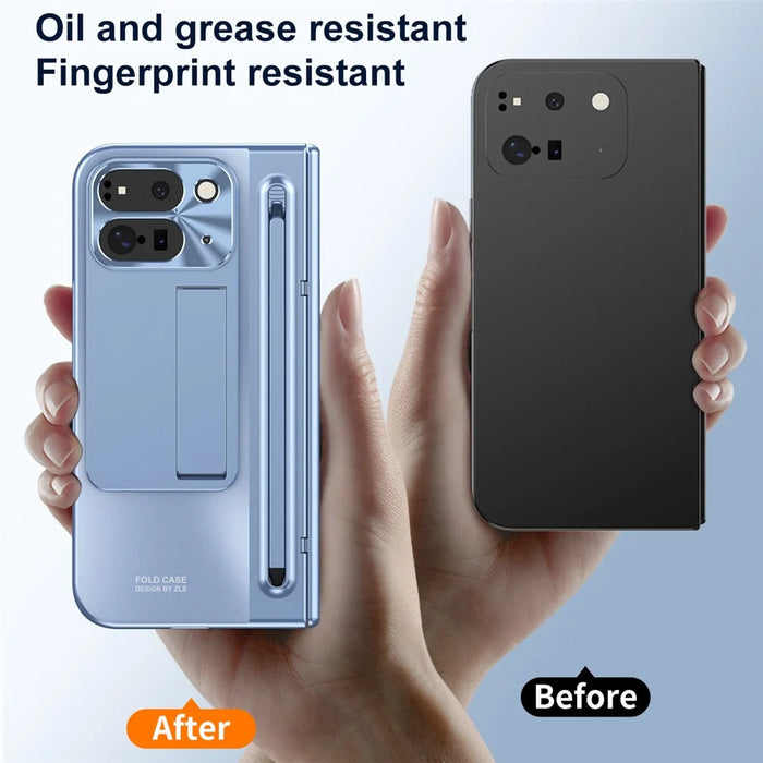 For Google Pixel 10 Pro Fold Case Kickstand Hinge PC Phone Cover with Tempered Glass Film, Stylus - Blue - 7