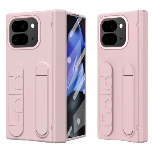 For Google Pixel 10 Pro Fold Case Kickstand Wristband PC Phone Cover with Tempered Glass Film - Pink - 1