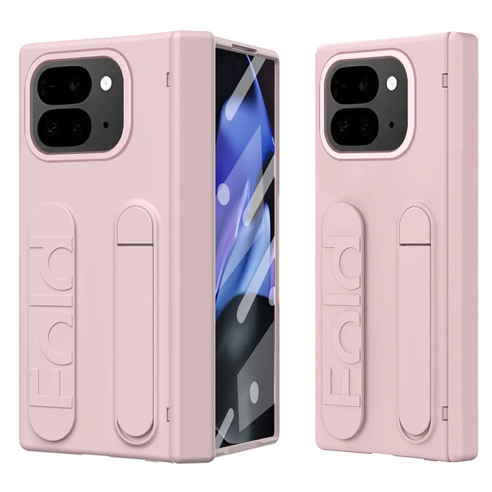 For Google Pixel 10 Pro Fold Case Kickstand Wristband PC Phone Cover with Tempered Glass Film - Pink - 1