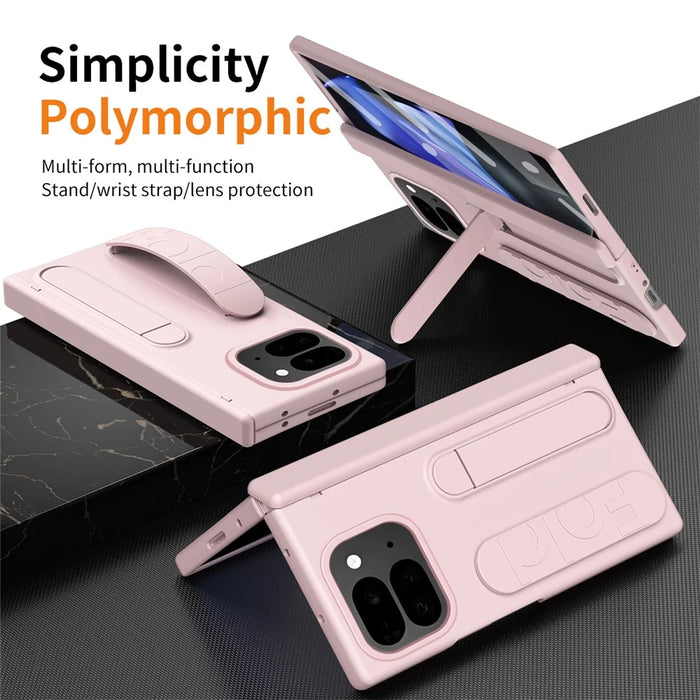 For Google Pixel 10 Pro Fold Case Kickstand Wristband PC Phone Cover with Tempered Glass Film - Pink - 2