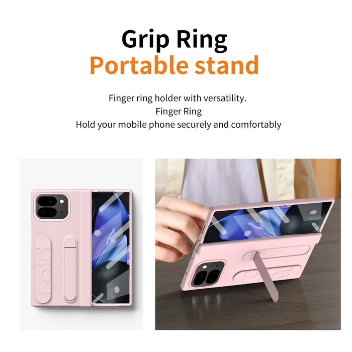 For Google Pixel 10 Pro Fold Case Kickstand Wristband PC Phone Cover with Tempered Glass Film - Pink - 3