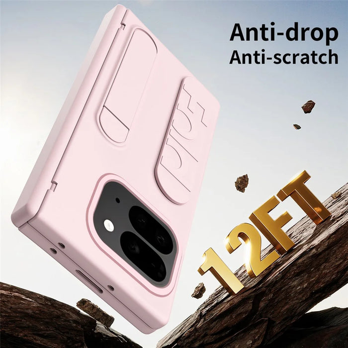 For Google Pixel 10 Pro Fold Case Kickstand Wristband PC Phone Cover with Tempered Glass Film - Pink - 4