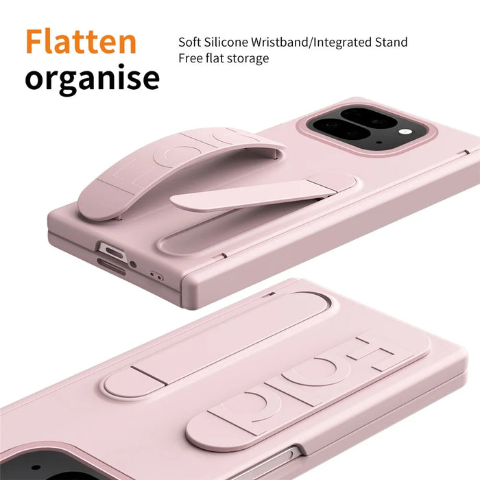 For Google Pixel 10 Pro Fold Case Kickstand Wristband PC Phone Cover with Tempered Glass Film - Pink - 5