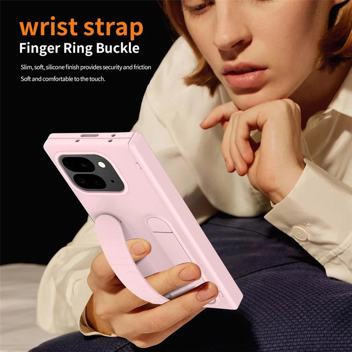 For Google Pixel 10 Pro Fold Case Kickstand Wristband PC Phone Cover with Tempered Glass Film - Pink - 7
