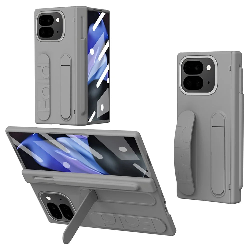 For Google Pixel 10 Pro Fold Case Kickstand Wristband Hard PC Phone Cover with Pen Slot / Stylus - Grey - 1
