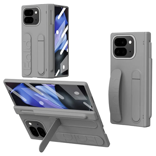 For Google Pixel 10 Pro Fold Case Kickstand Wristband Hard PC Phone Cover with Pen Slot / Stylus - Grey - 1