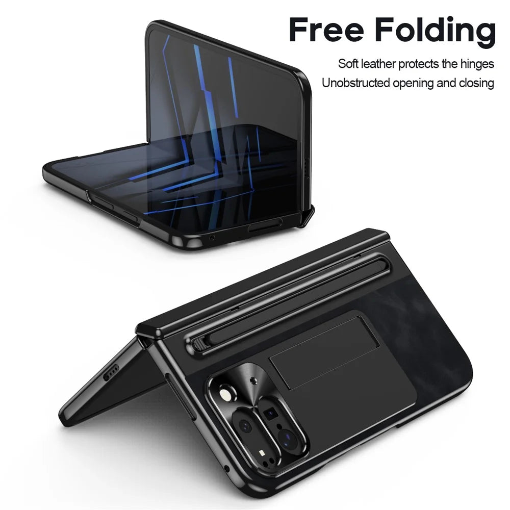 For Google Pixel 10 Pro Fold Case Pen Slot Leather + PC Kickstand Phone Cover with Tempered Glass Film, Stylus - Black - 6