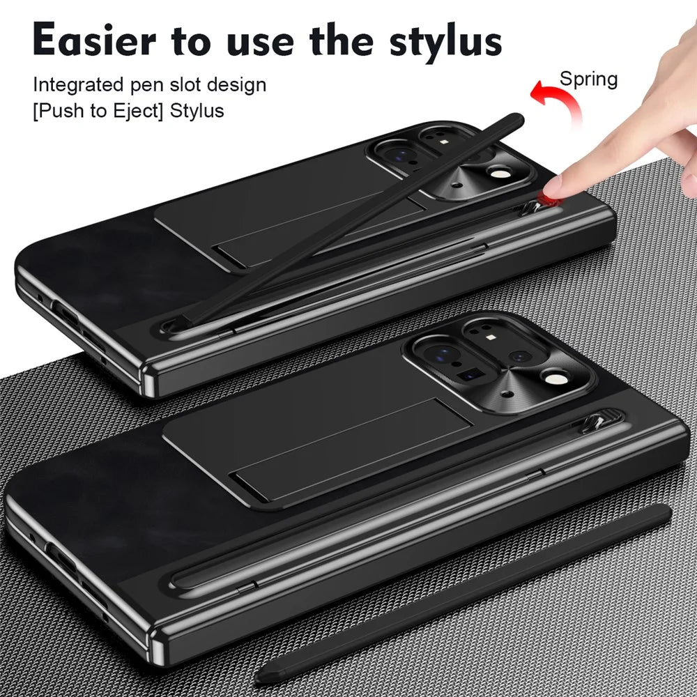 For Google Pixel 10 Pro Fold Case Pen Slot Leather + PC Kickstand Phone Cover with Tempered Glass Film, Stylus - Black - 7