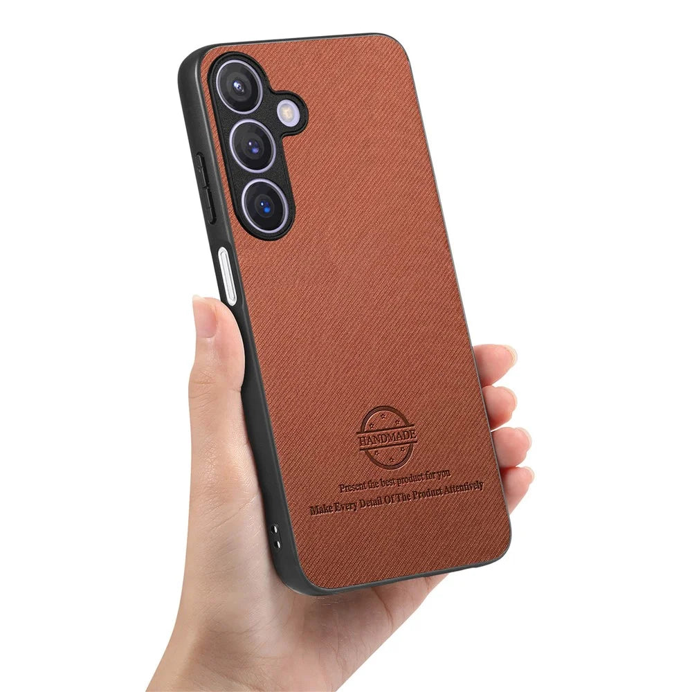 For Samsung Galaxy S25+ Leather Phone  Back Cover with Cloth Texture - Brown - 6