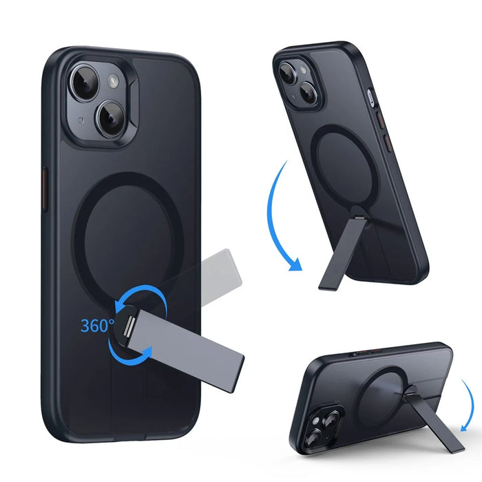 For iPhone 14 Case Compatible with MagSafe Rotating Straight Kickstand TPU + PC Matte Phone Cover - Black - 7