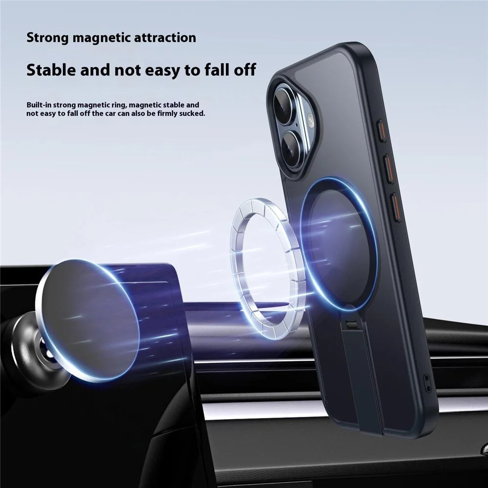 For iPhone 16 Case Compatible with MagSafe Rotating Straight Kickstand TPU + PC Matte Phone Cover - Black - 3