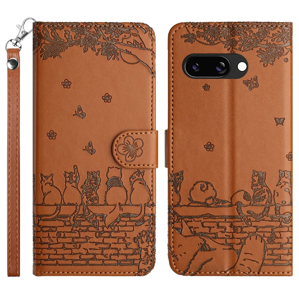 For Google Pixel 9a Case with Wrist Strap Leather Phone Cover Wall Cats Pattern - Brown - 1